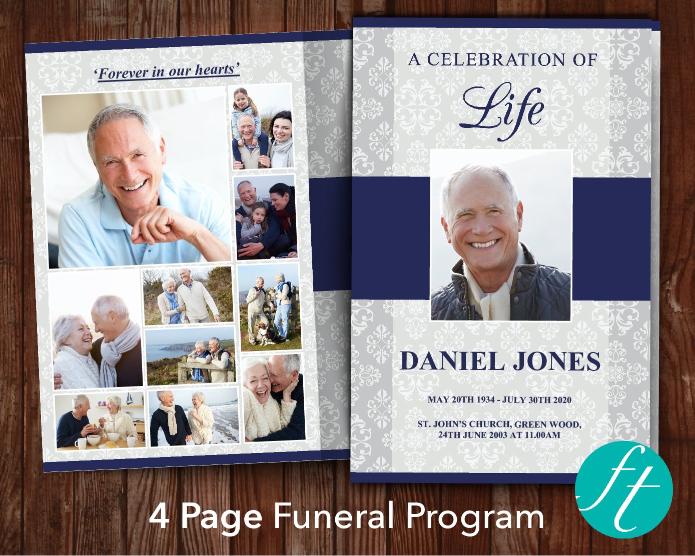 4 Page Classic Damask Funeral Program Template
