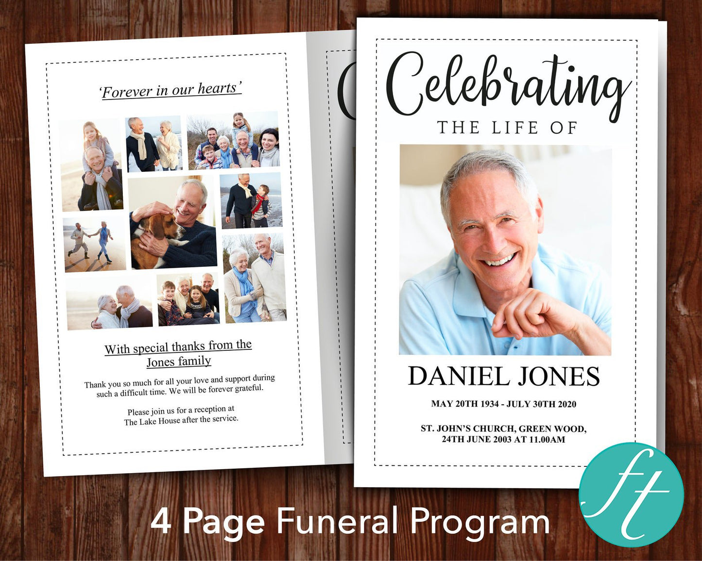 4-Page Funeral Program Template with a classic dashed line border and photo collage on the back page