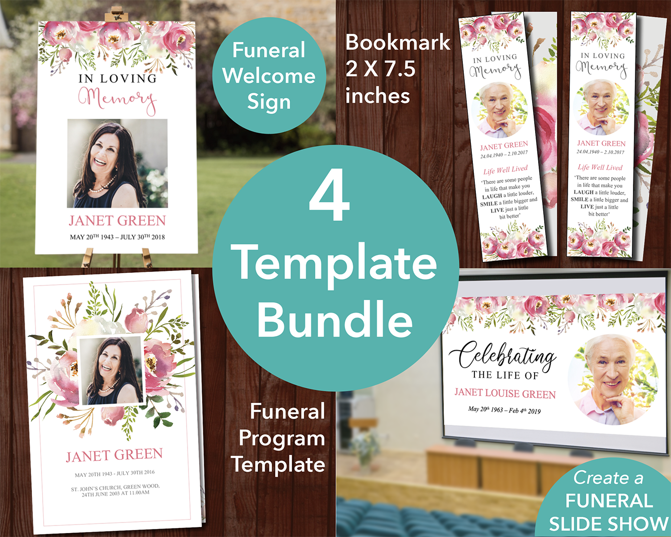 4 Page Floral Burst Funeral Program + Sign, Slide Show & Bookmark