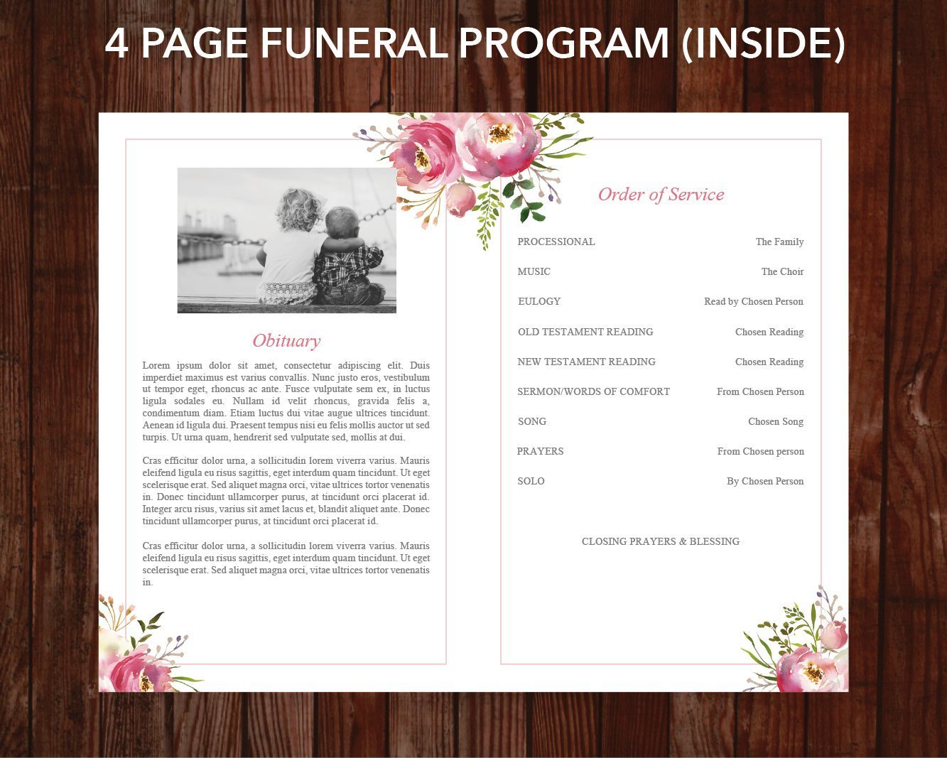 4 Page Floral Burst Funeral Program Template + 4 matching Templates