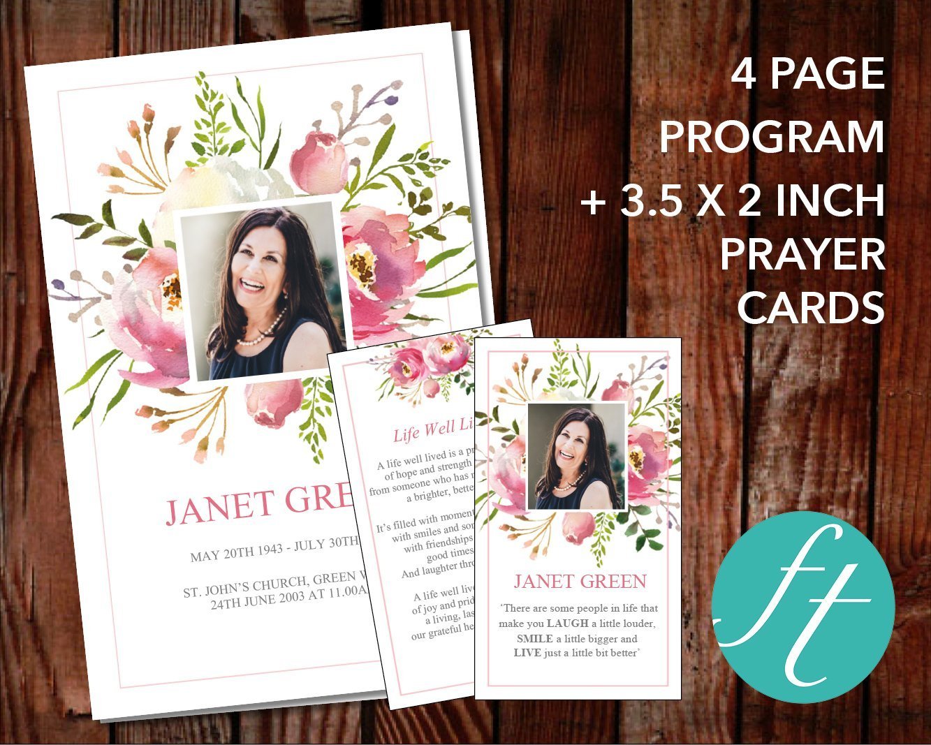 4 Page Floral Burst Funeral Program Template + Prayer Card