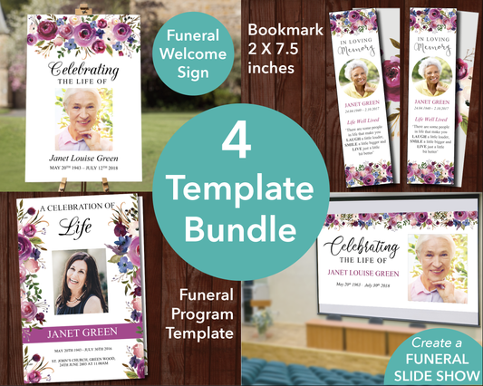 4 Page Floral Display Funeral Program + Sign, Slide Show & Bookmark