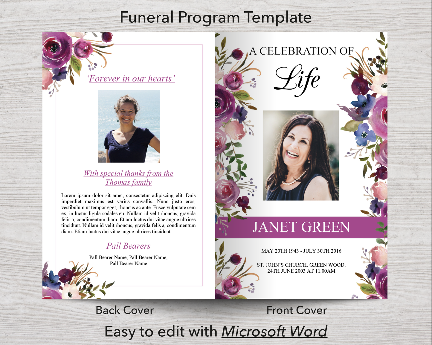 4 Page Floral Display Funeral Program + Sign, Slide Show & Bookmark (Commercial License)