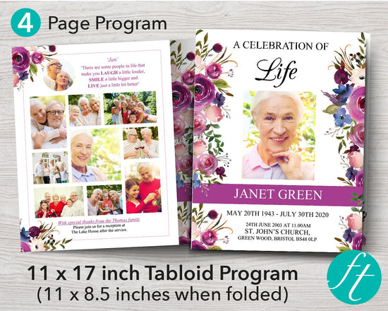 4 Page Floral Display Funeral Program Template (11 x 17 inches ...