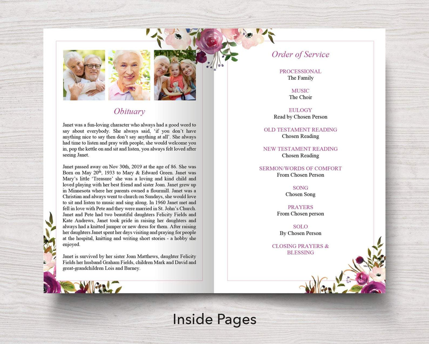 4 Page Floral Display Funeral Program Template