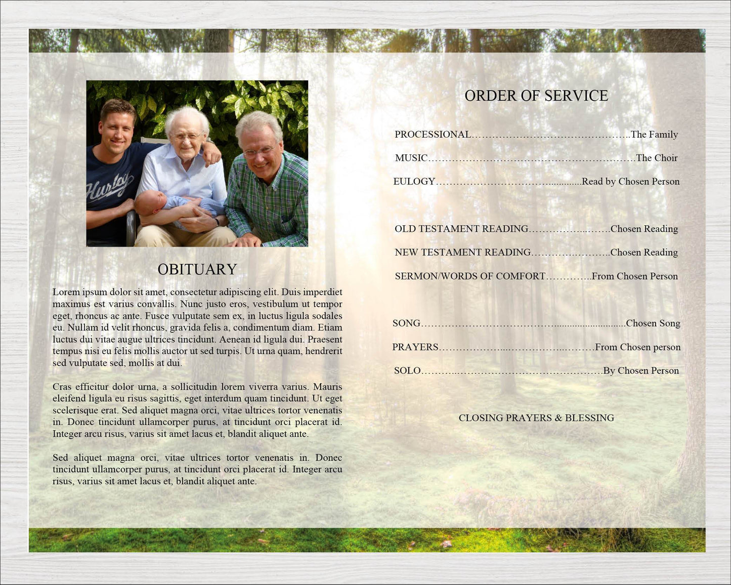 4 Page Forest Funeral Program Template + Prayer Card
