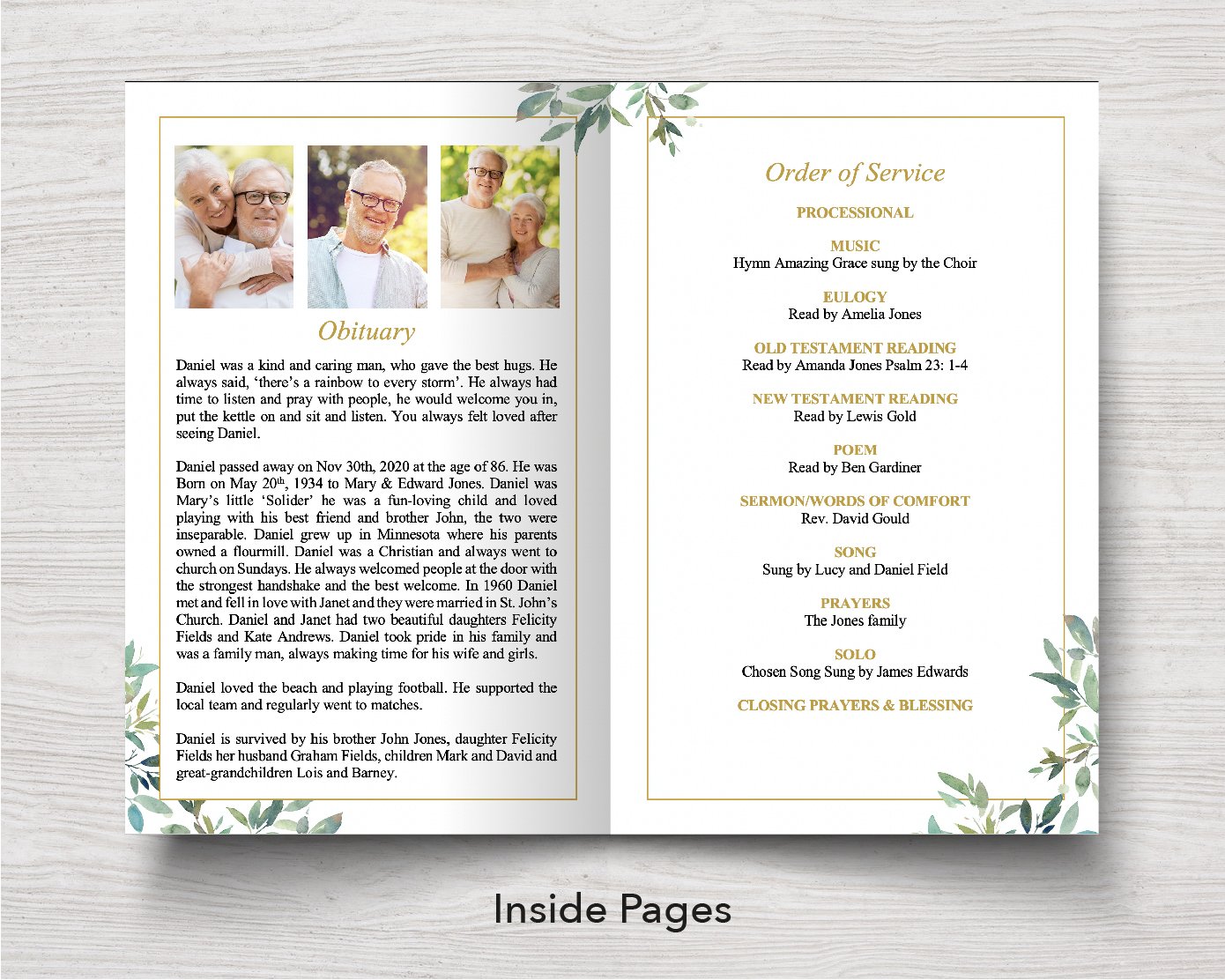 4 Page Green Leaf Funeral Program Template