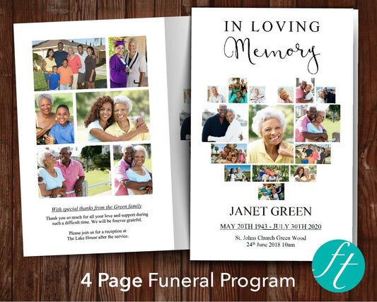 4 Page Heart Photo Collage Funeral Program Template