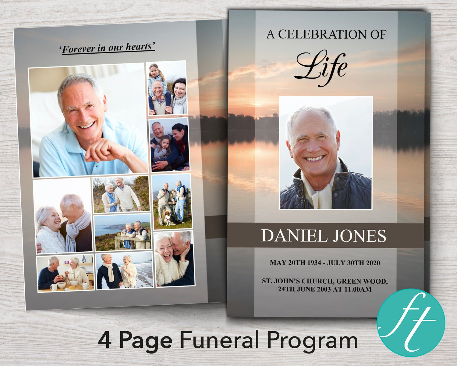 4 Page Lake Sunset Funeral Program Template