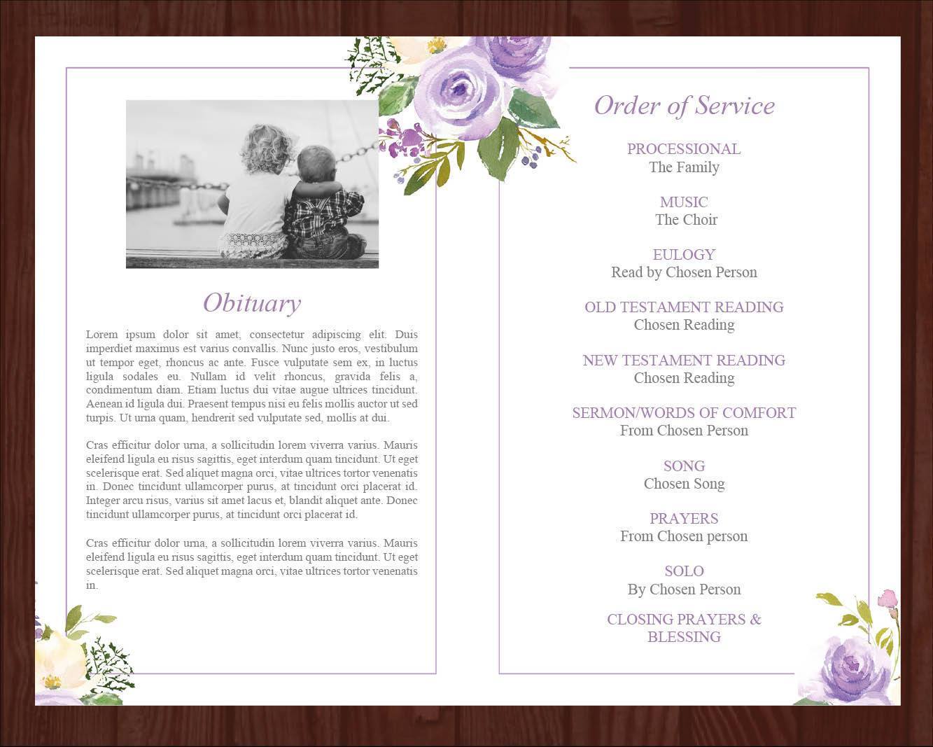 4 Page Lilac Bouquet Funeral Program Template + Prayer Card