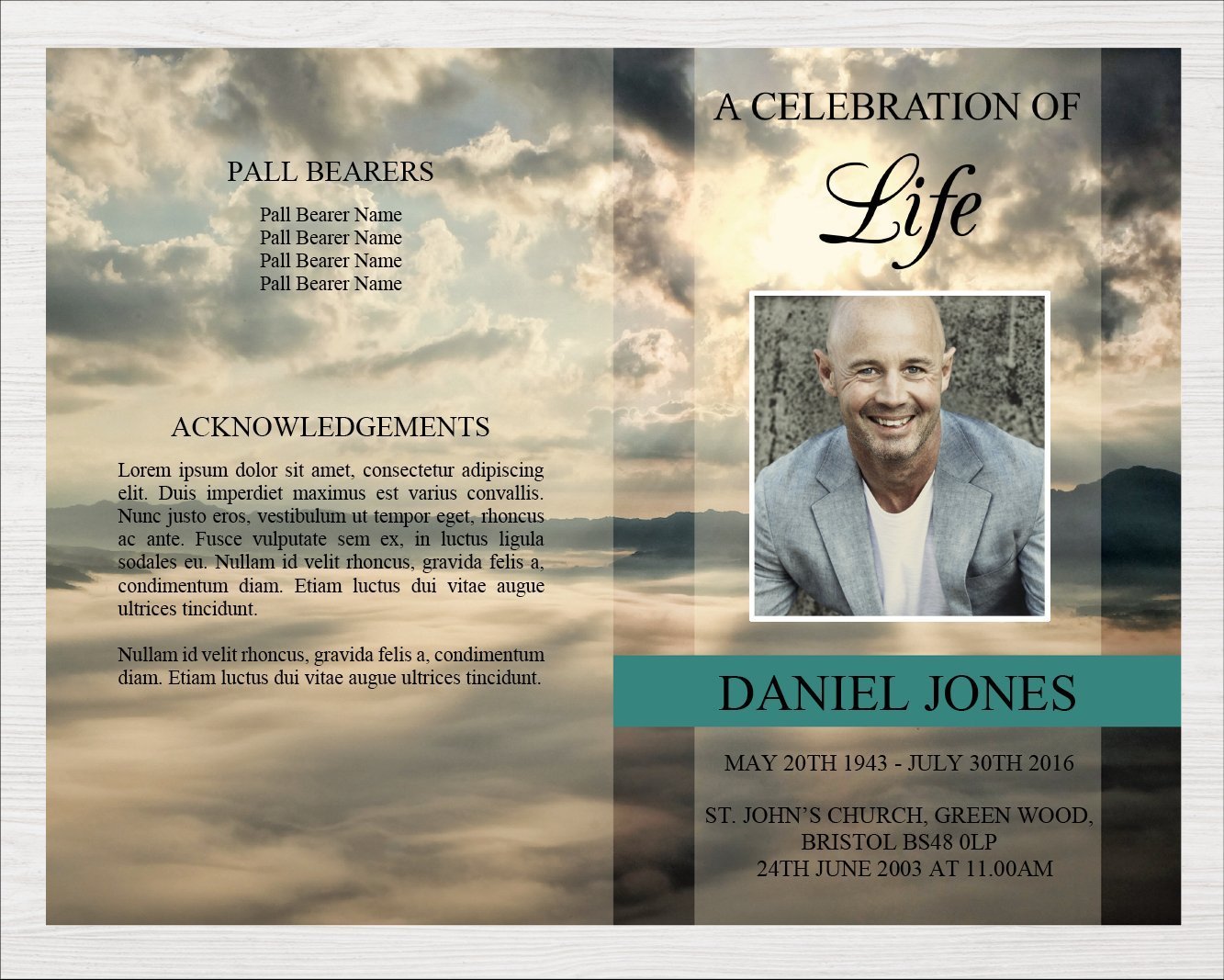 4 Page Mountain Top Funeral Program Template + Prayer Card