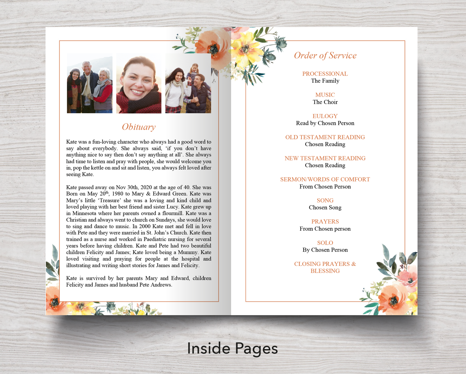 4 Page Peach Bouquet Funeral Program Template