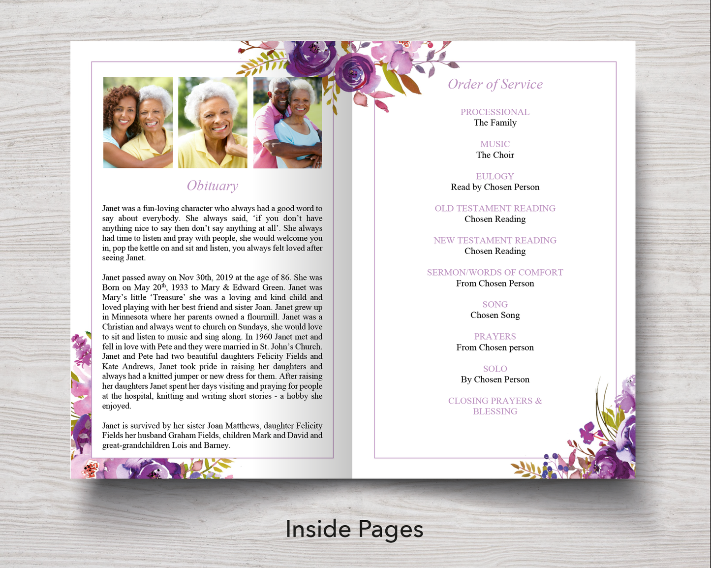 4 Page Peonies Corners Funeral Program Template