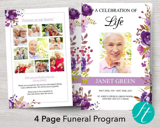4 Page Peonies Display Funeral Program Template