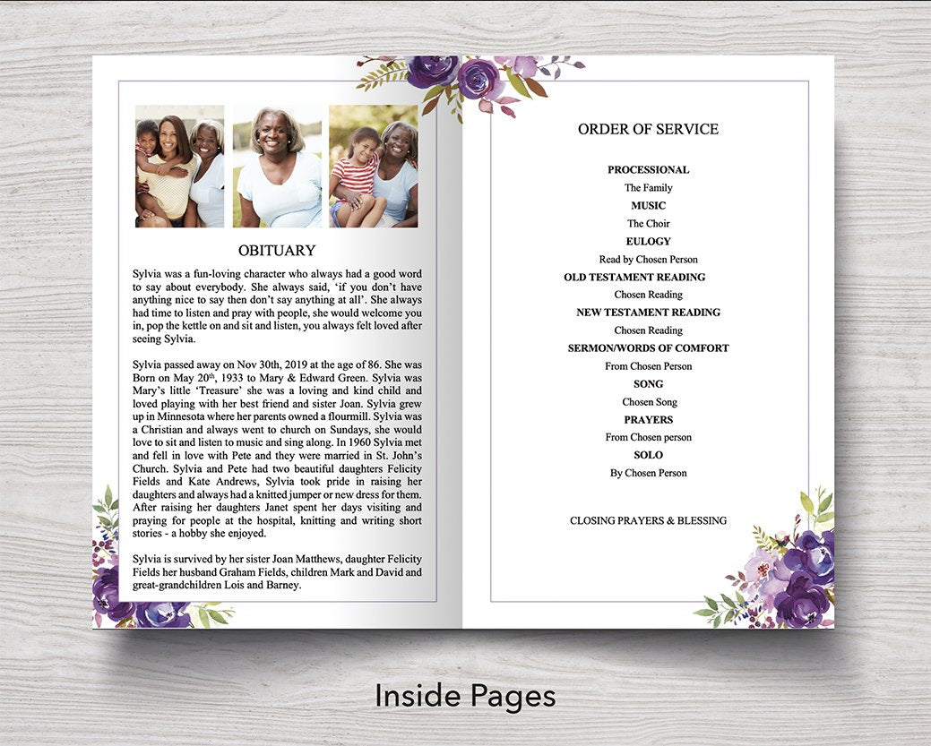 4 Page Peonies Photo Collage Funeral Program Template