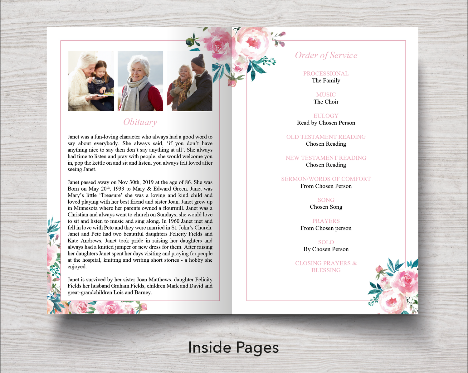 4 Page Peony Pink Funeral Program Template
