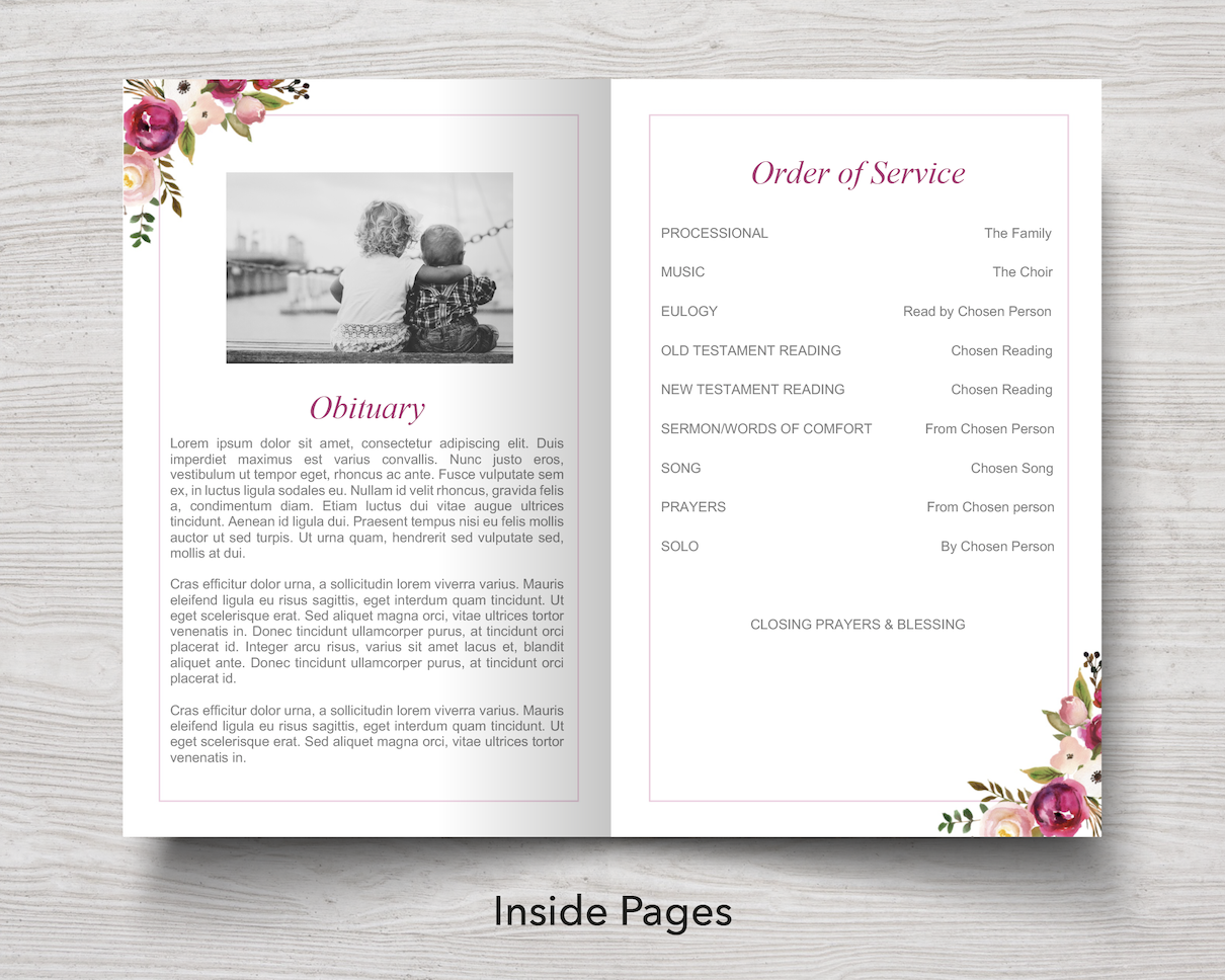 4 Page Pink Bloom Funeral Program Template