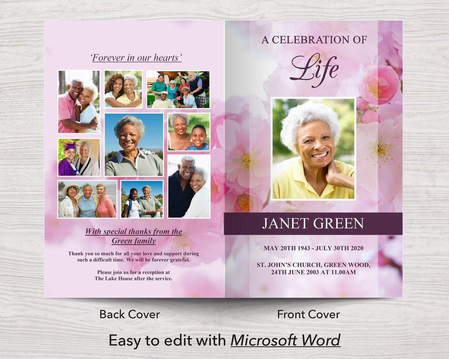 4 Page Pink Blossom Funeral Program Template