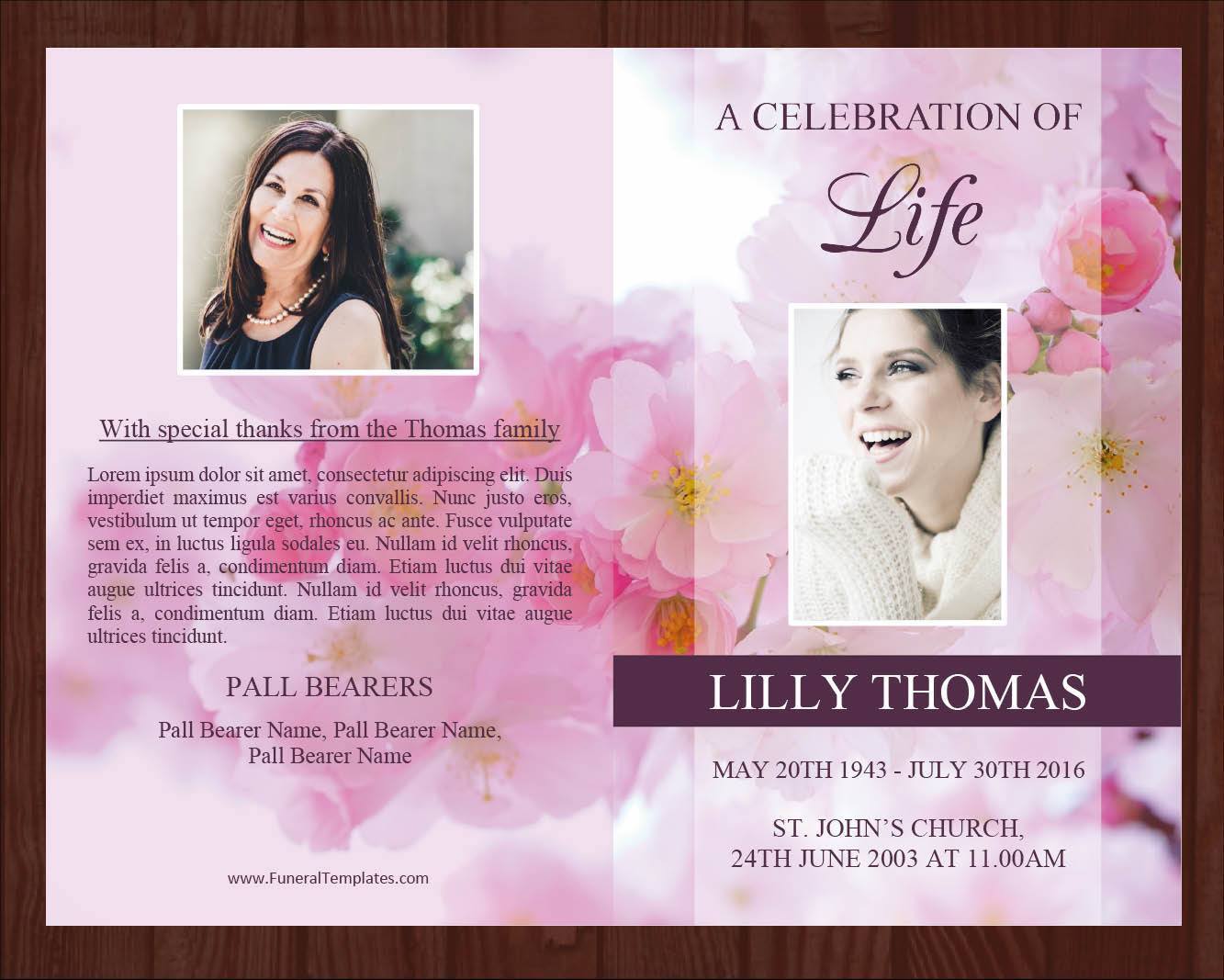 4 Page Pink Blossom Funeral Program Template + Prayer Card