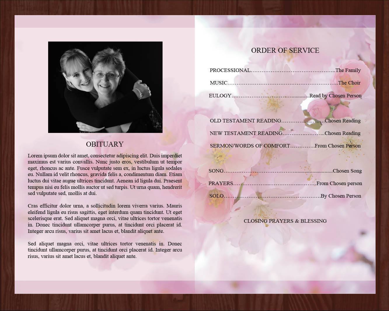4 Page Pink Blossom Funeral Program Template + Prayer Card