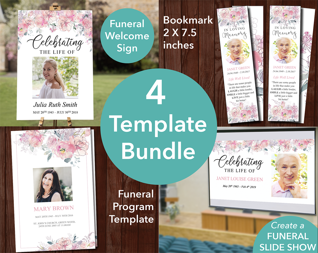 4 Page Pink Blush Funeral Program + Sign, Slide Show & Bookmark