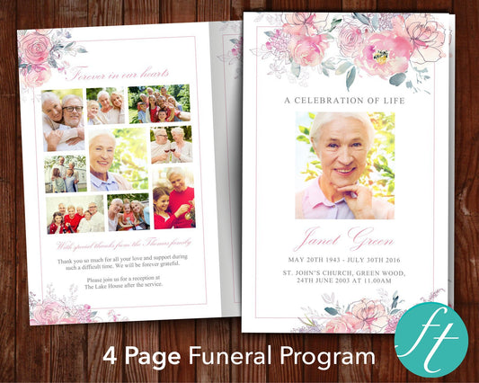 4 Page Pink Blush Funeral Program Template