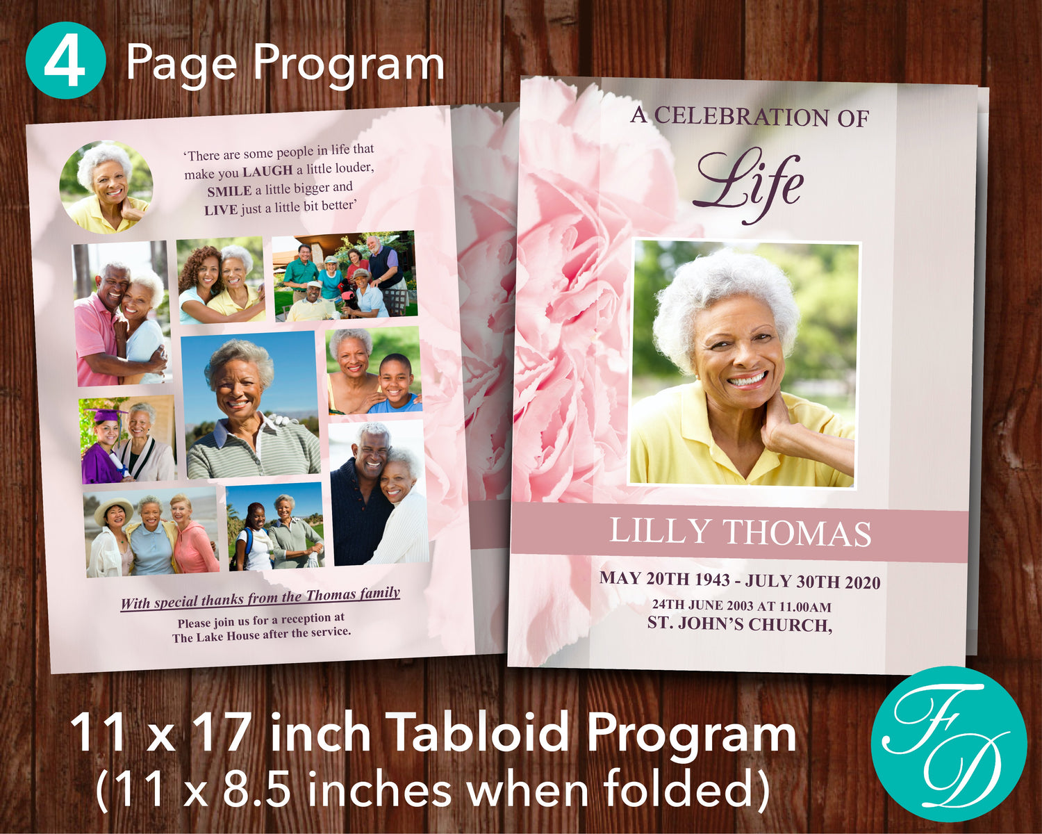 4 Page Pink Carnations Funeral Program Template (11 x 17 inches)