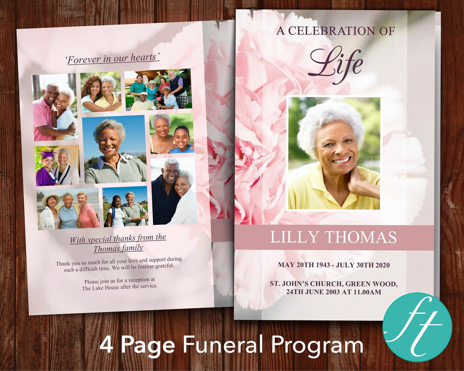 4 Page Pink Carnations Funeral Program Template