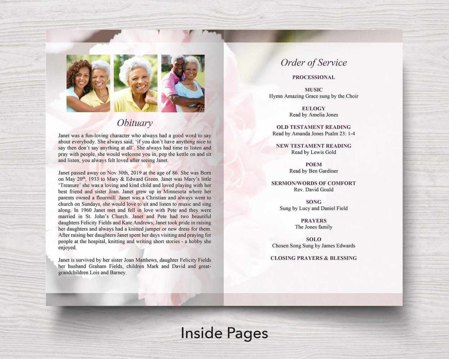 4 Page Pink Carnations Funeral Program Template