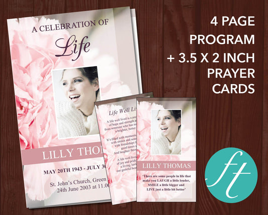 4 Page Pink Carnations Funeral Program Template + Prayer Card