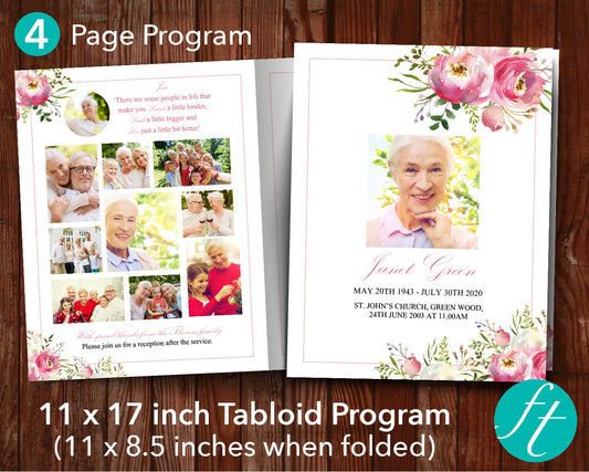 4 Page Pink Floral Funeral Program Template (11 x 17 inches)