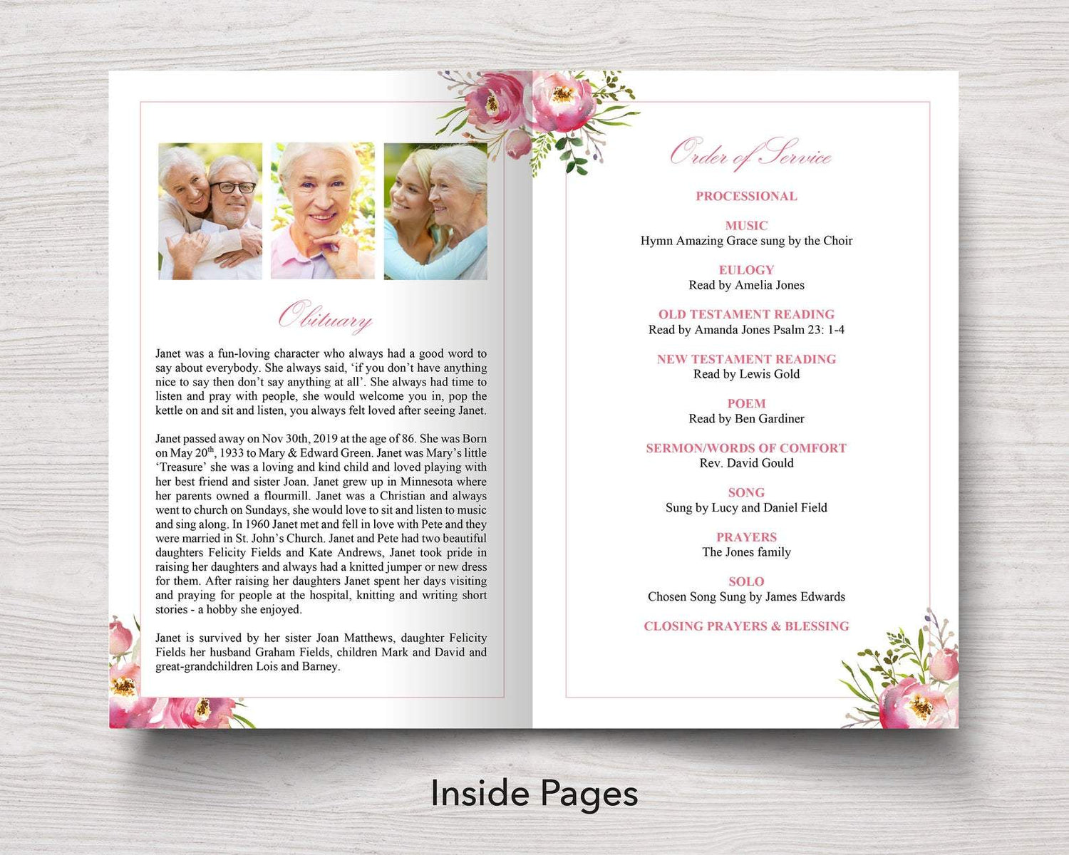 4 Page Pink Floral Funeral Program Template