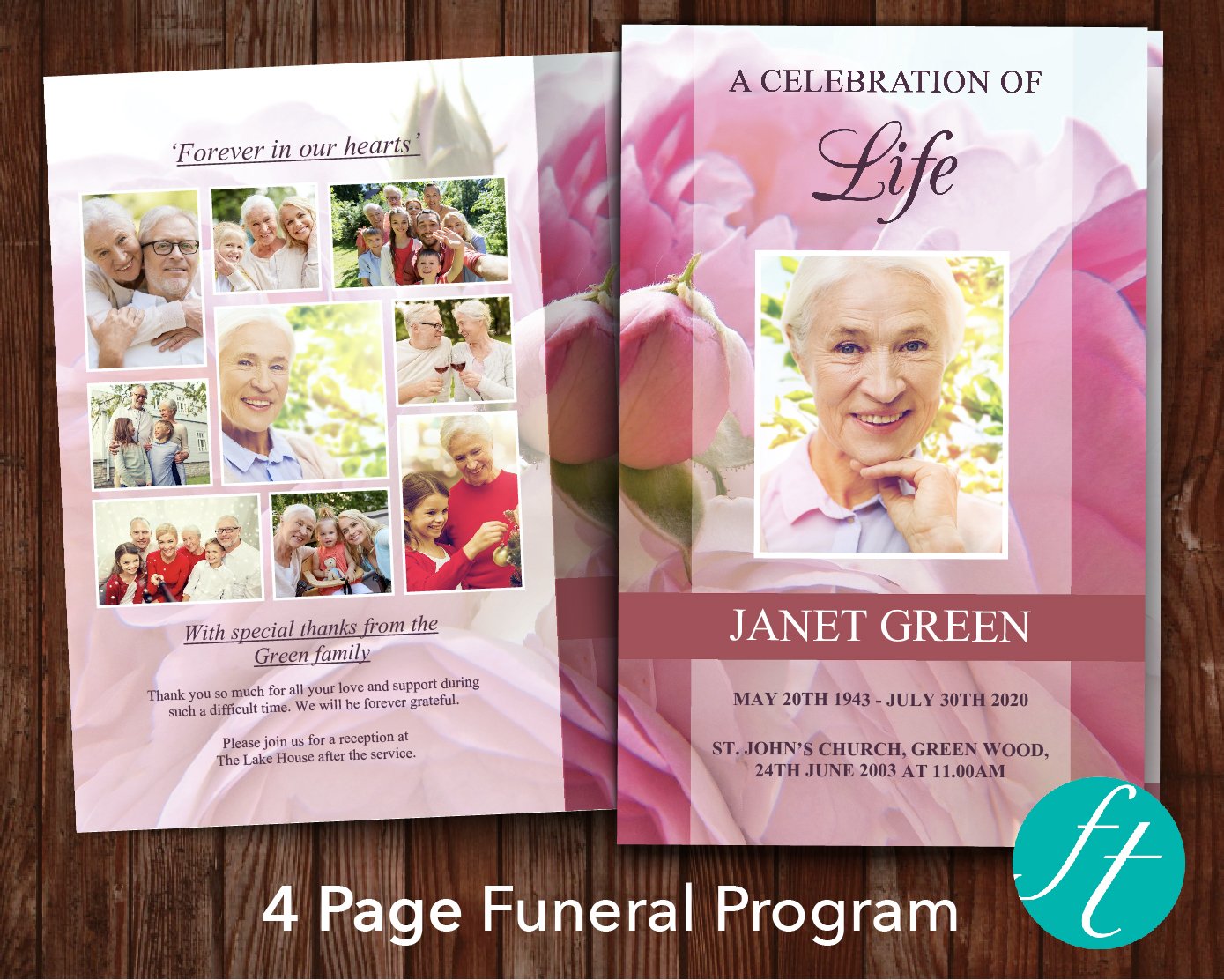 4 Page Pink Flowers Funeral Program Template