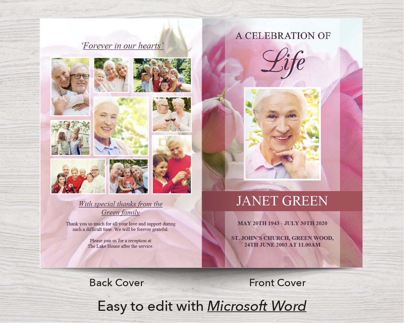 4 Page Pink Flowers Funeral Program Template