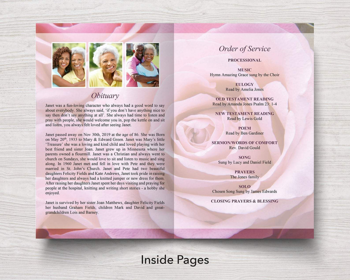4 Page Pink Rose Funeral Program Template