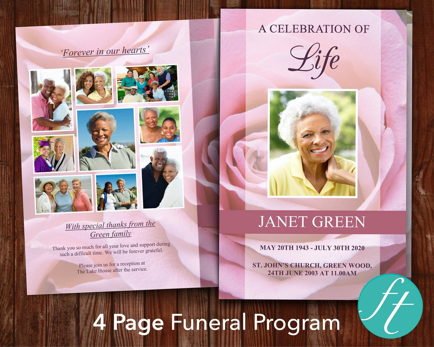 4 Page Pink Rose Funeral Program Template