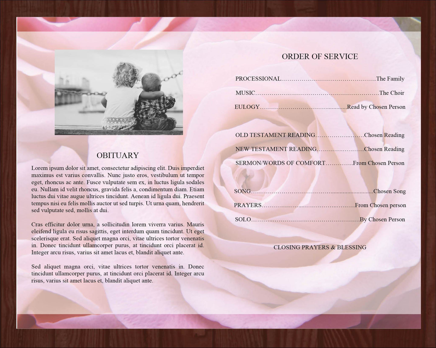 4 Page Pink Rose Funeral Program Template + Prayer Card