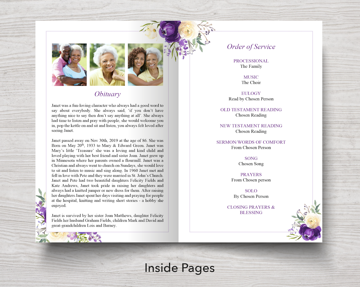 4 Page Purple Bloom Funeral Program Template