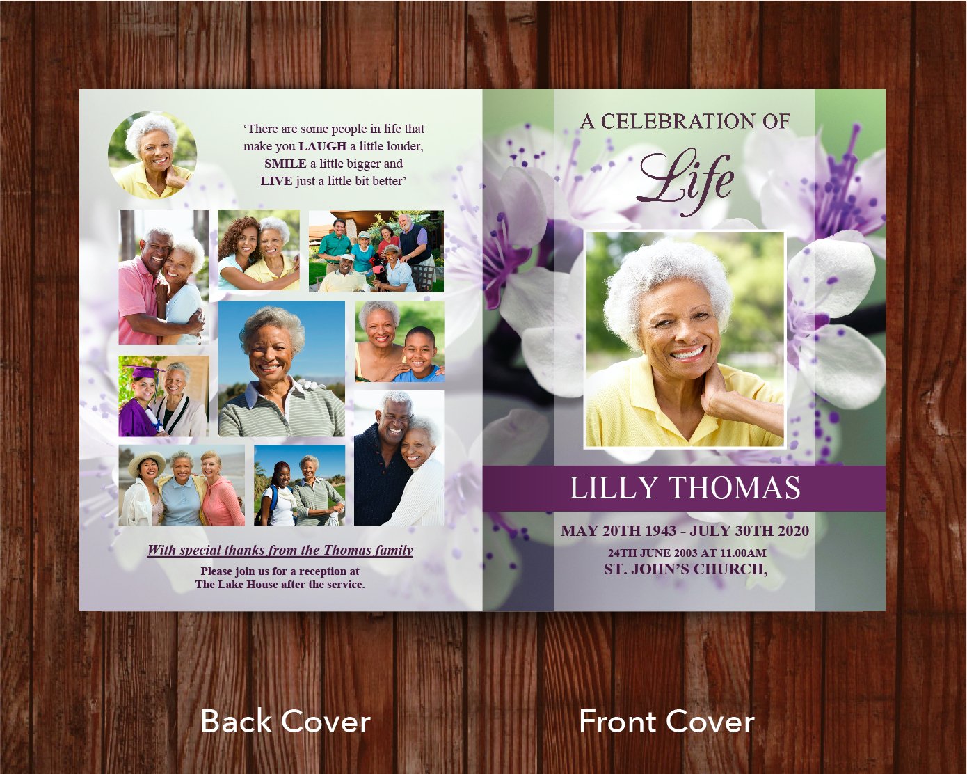 4 Page Purple Blossom Funeral Program Template (11 x 17 inches)