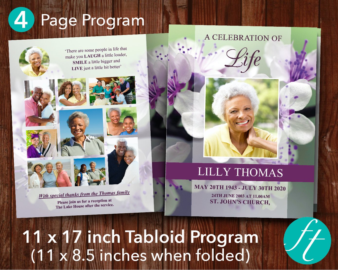4 Page Purple Blossom Funeral Program Template (11 x 17 inches)