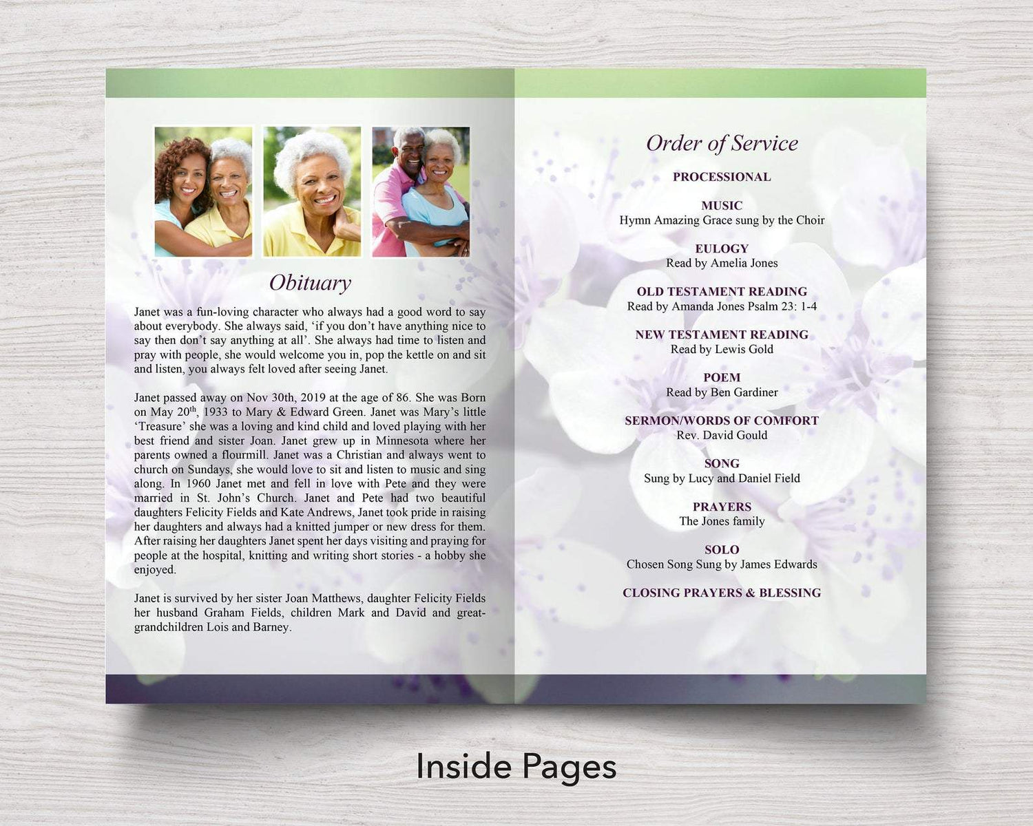 4 Page Purple Blossom Funeral Program Template