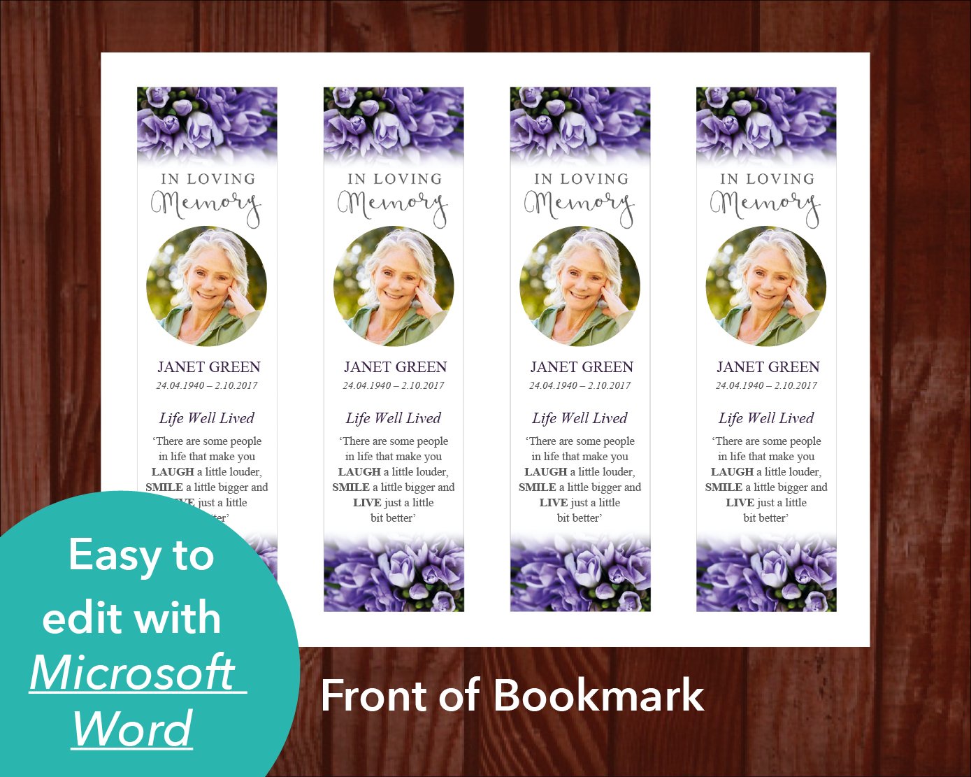 4 Page Purple Bouquet Funeral Program + Sign, Slide Show & Bookmark