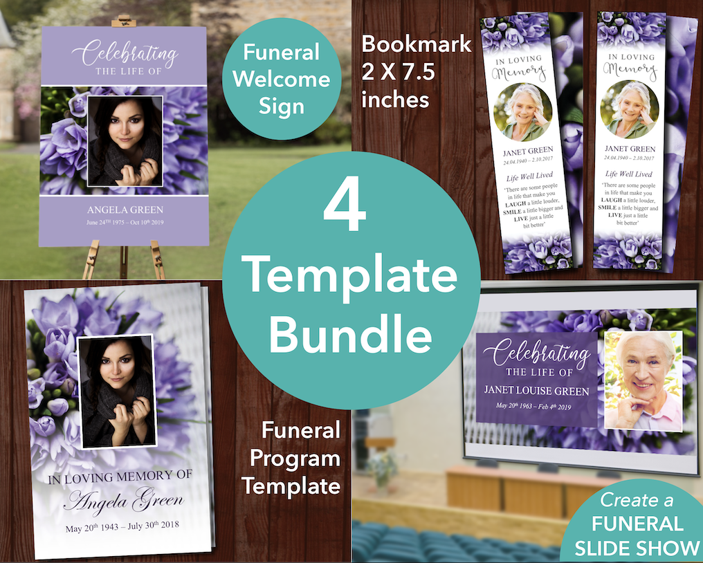 4 Page Purple Bouquet Funeral Program + Sign, Slide Show & Bookmark