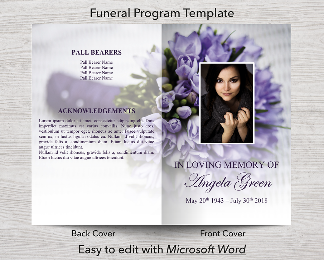 4 Page Purple Bouquet Funeral Program + Sign, Slide Show & Bookmark