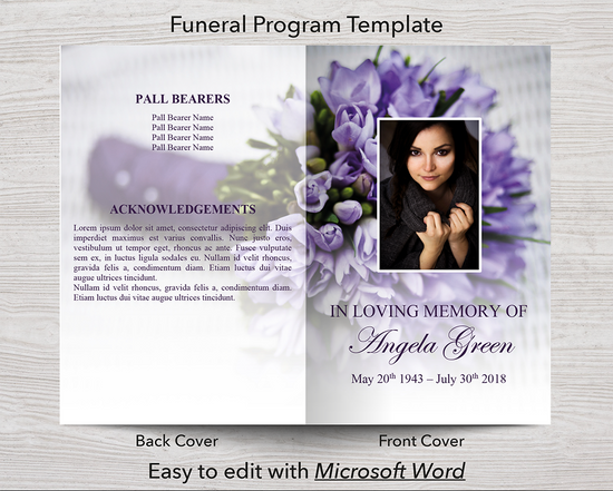 4 Page Purple Bouquet Funeral Program + Sign, Slide Show & Bookmark 