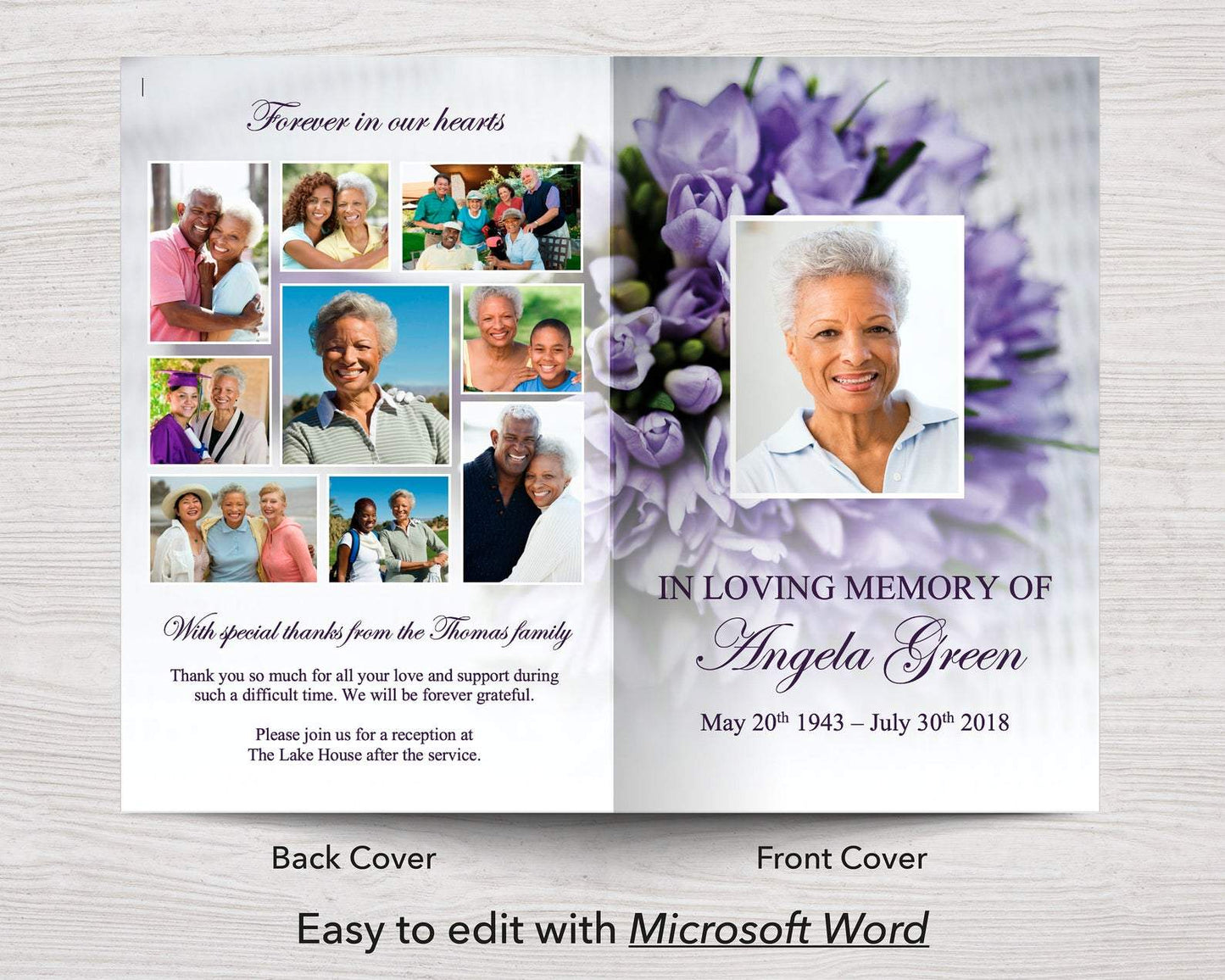 4 Page Purple Bouquet Funeral Program Template