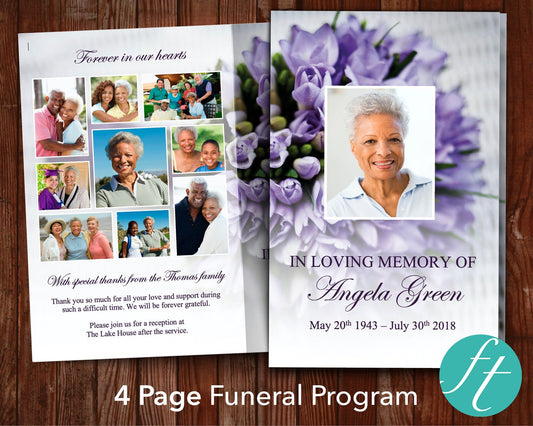 4 Page Purple Bouquet Funeral Program Template