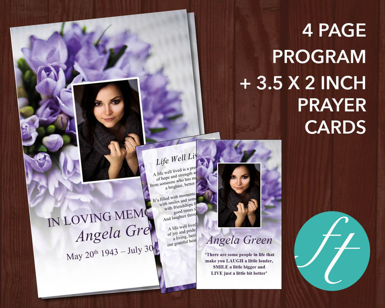 4 Page Purple Bouquet Funeral Program Template + Prayer Card – Funeral ...