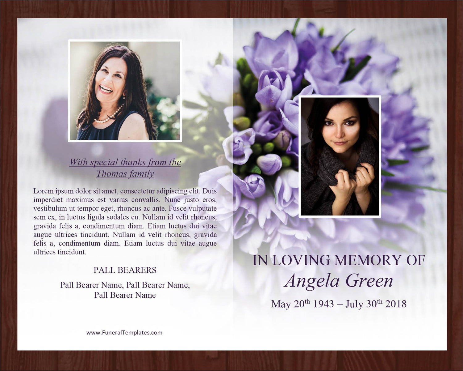 4 Page Purple Bouquet Funeral Program Template + Prayer Card