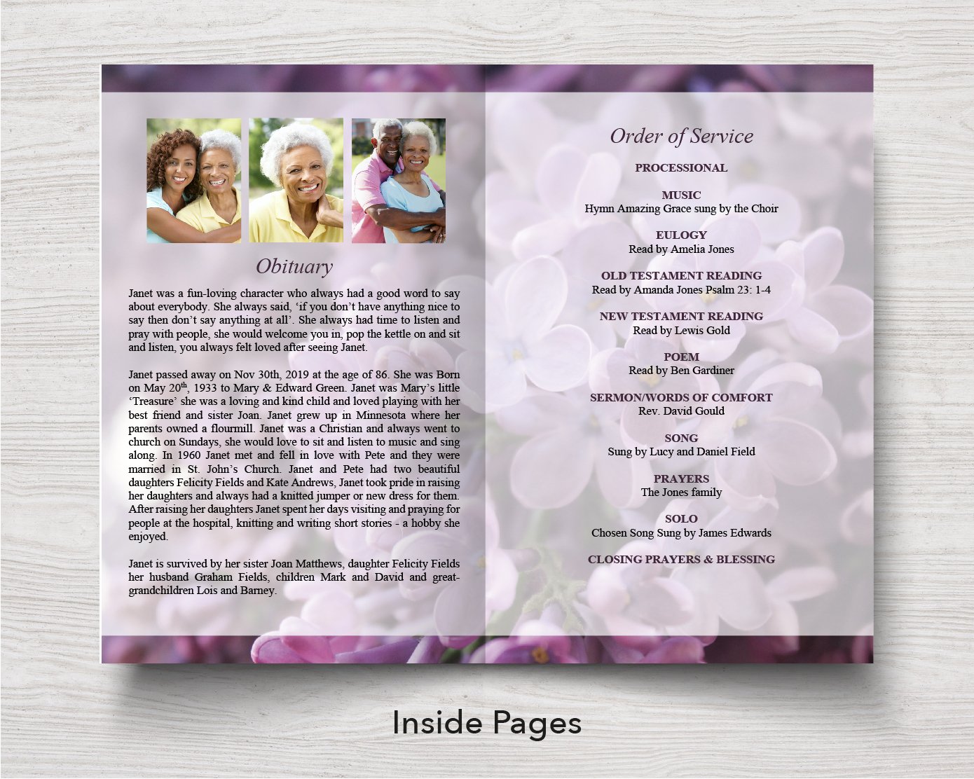 4 Page Purple Buds Funeral Program Template